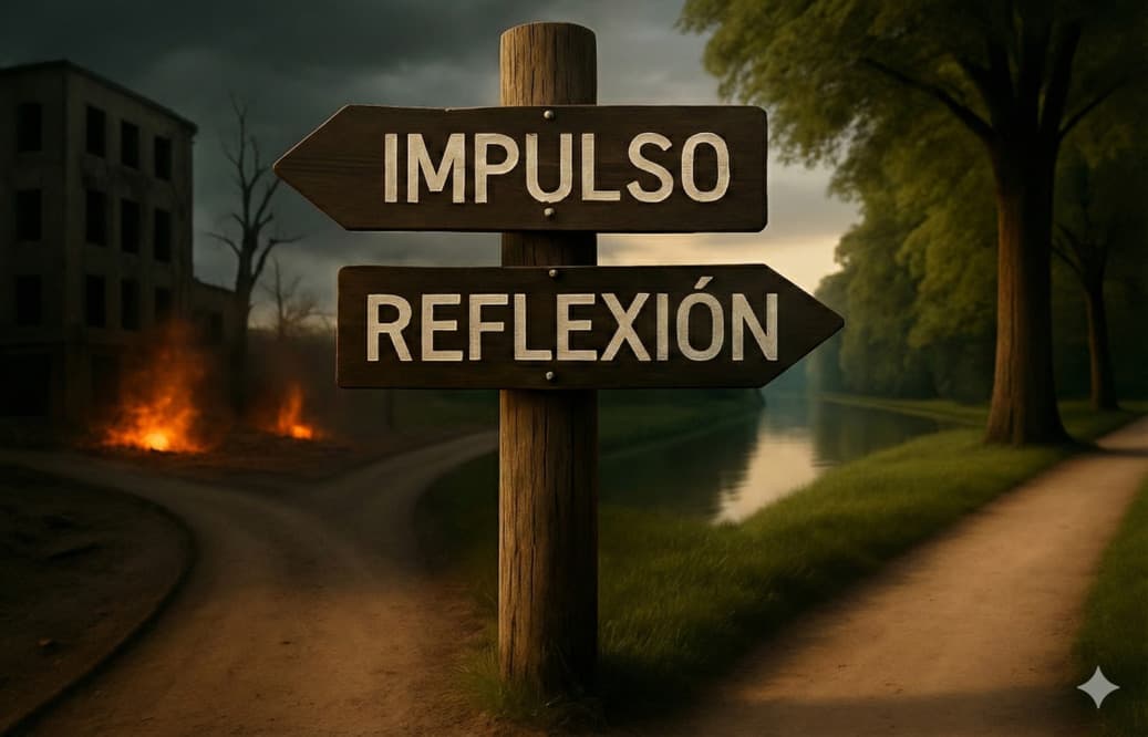 Encrucijada con señales 'Impulso' y 'Reflexión' en caminos opuestos