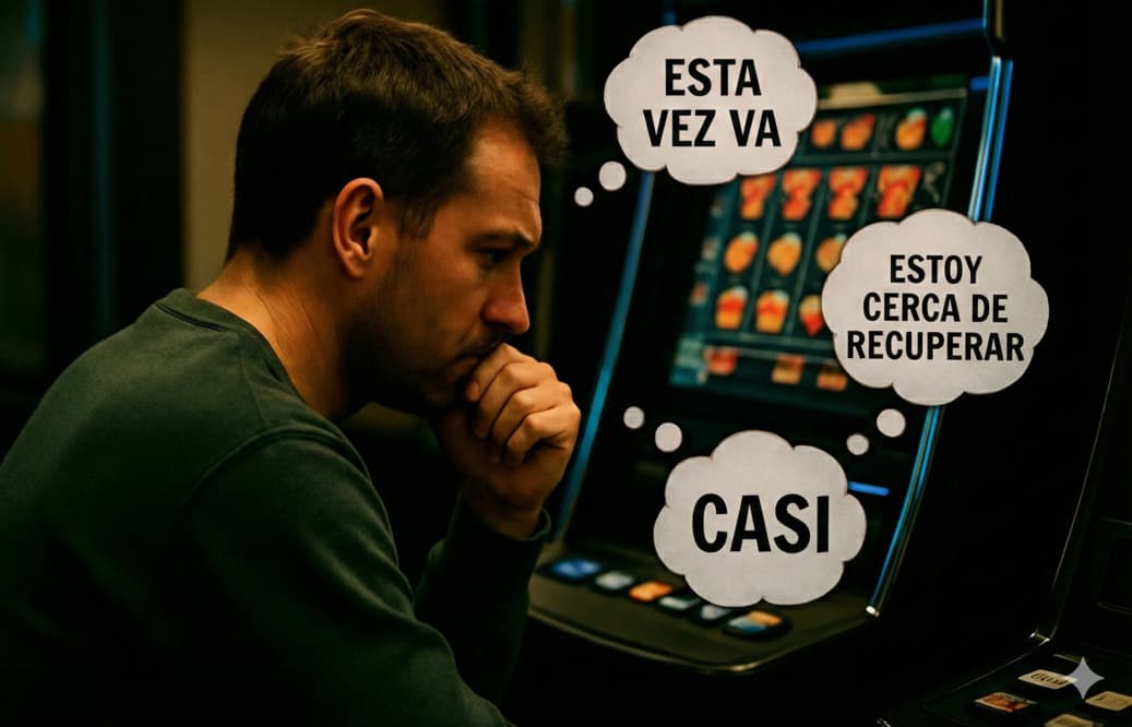 Un jugador solitario frente a una máquina de apuestas, con varios pensamientos en burbujas flotando a su alrededor