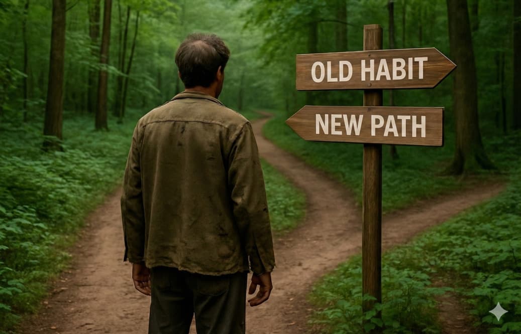Man at a crossroads in a forest, with a sign pointing to 'old habit' and another to 'new path'
