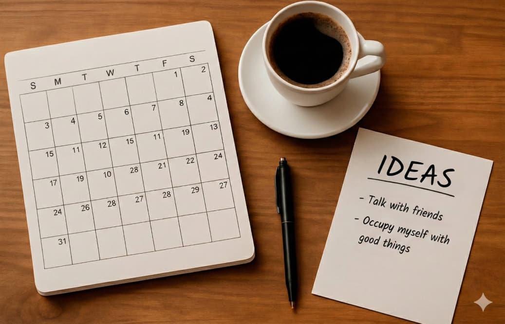 A desk with an open calendar, pen, a coffee cup, and pages with handwritten ideas