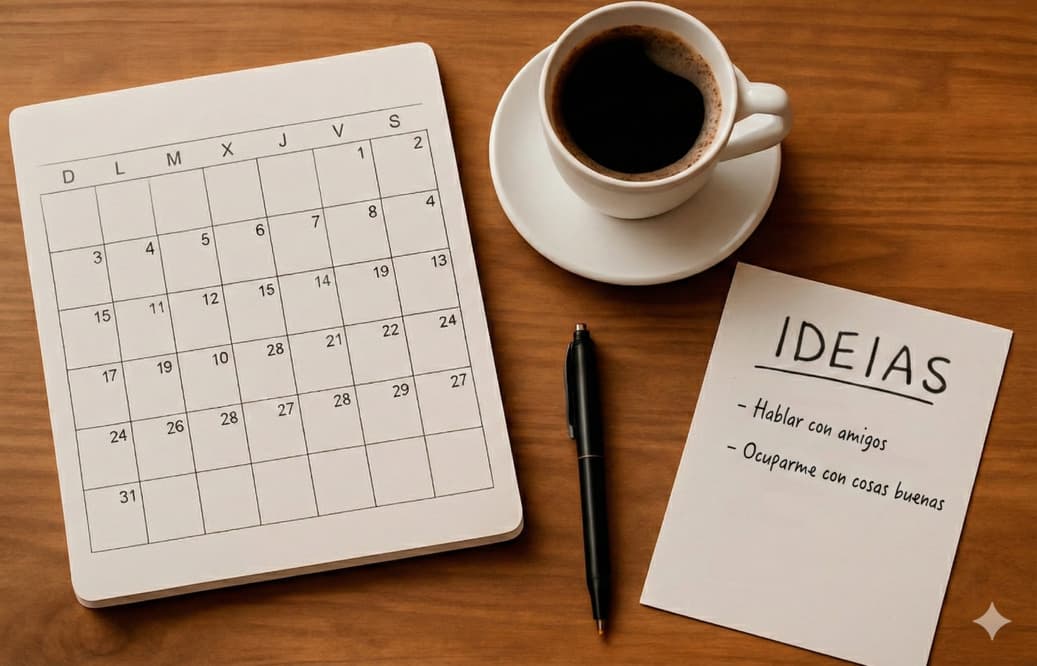 Escritorio de trabajo con calendario y anotaciones Un escritorio con calendario abierto, bolígrafo, una taza de café y hojas con ideas escritas a mano